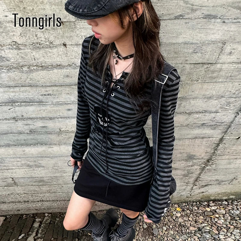 Tonngirls Gothic Retro T-shirt Women Lace Up Striped Casual Shirt Y2k Vintage Print Graphic Tops Streetwear american Grunge Tops NovaCart