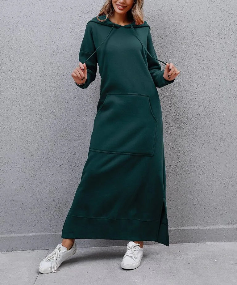 Hoodies Dress For Women Fashion 2025 Hem Lace-up Midi Robe Hooded Long Dress Autumn Winter Warm Casual Loose Sweatshirt Vestidos NovaCart
