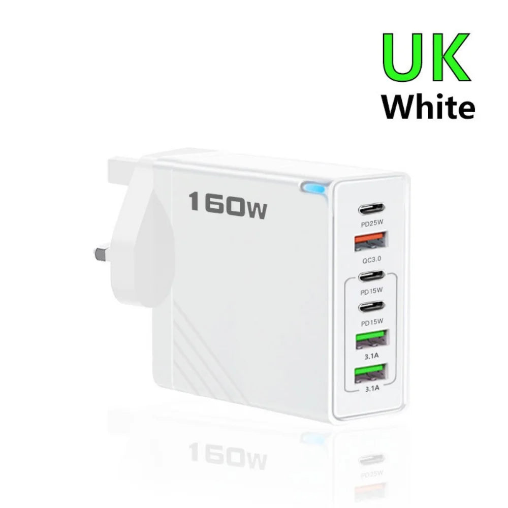 160W USB C Charger Fast Charging PD QC3.0 Wall Charger Adapter For iPhone 16 Samsung S24 Xiaomi Huawei Multi Ports Phone Charger Pi-Mart