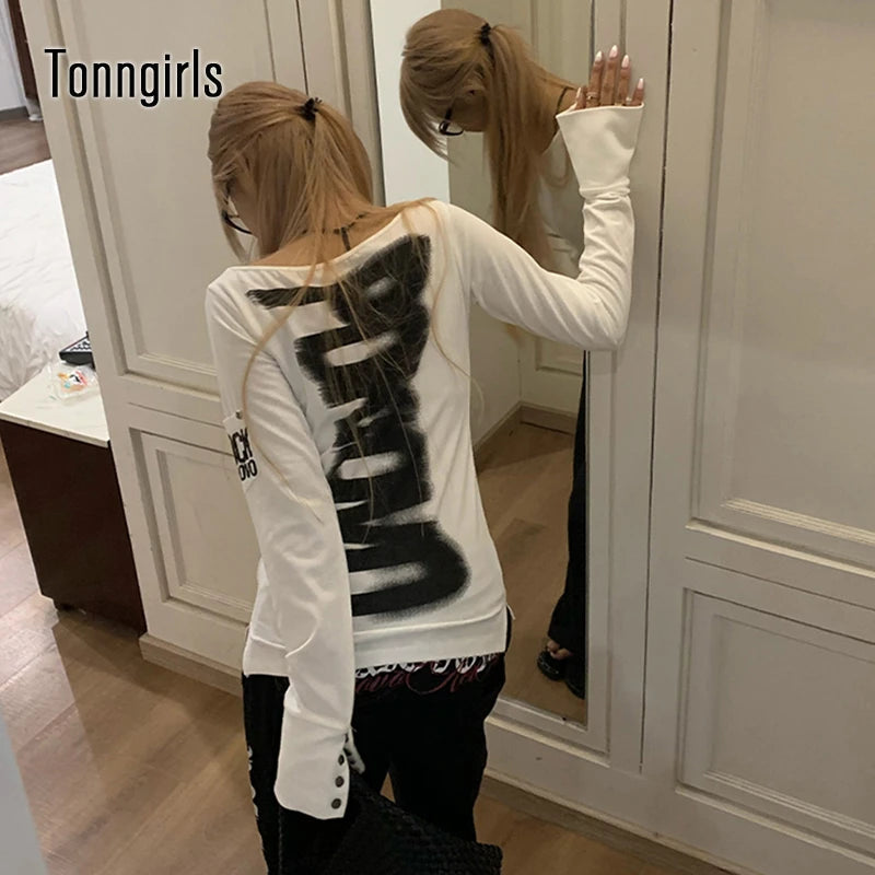 Tonngirls American Retro Print T-shirt Women Long Sleece Button Graphic Tops Y2k Tops 2000s Japanese Grunge Tops E-girls Autumn NovaCart