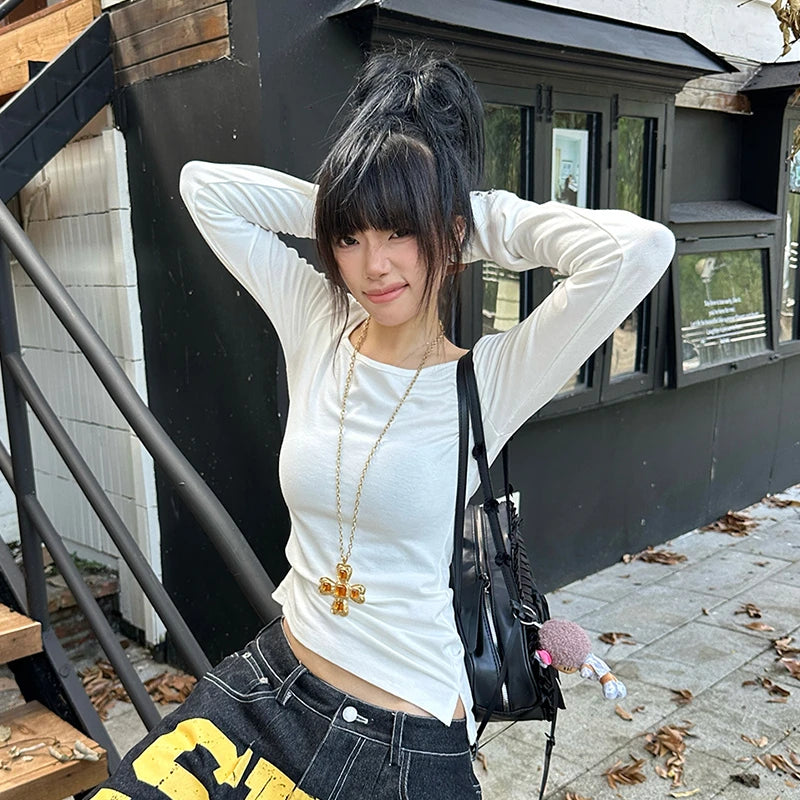 Tonngirls American Retro Print T-shirt Women Long Sleece Button Graphic Tops Y2k Tops 2000s Japanese Grunge Tops E-girls Autumn NovaCart