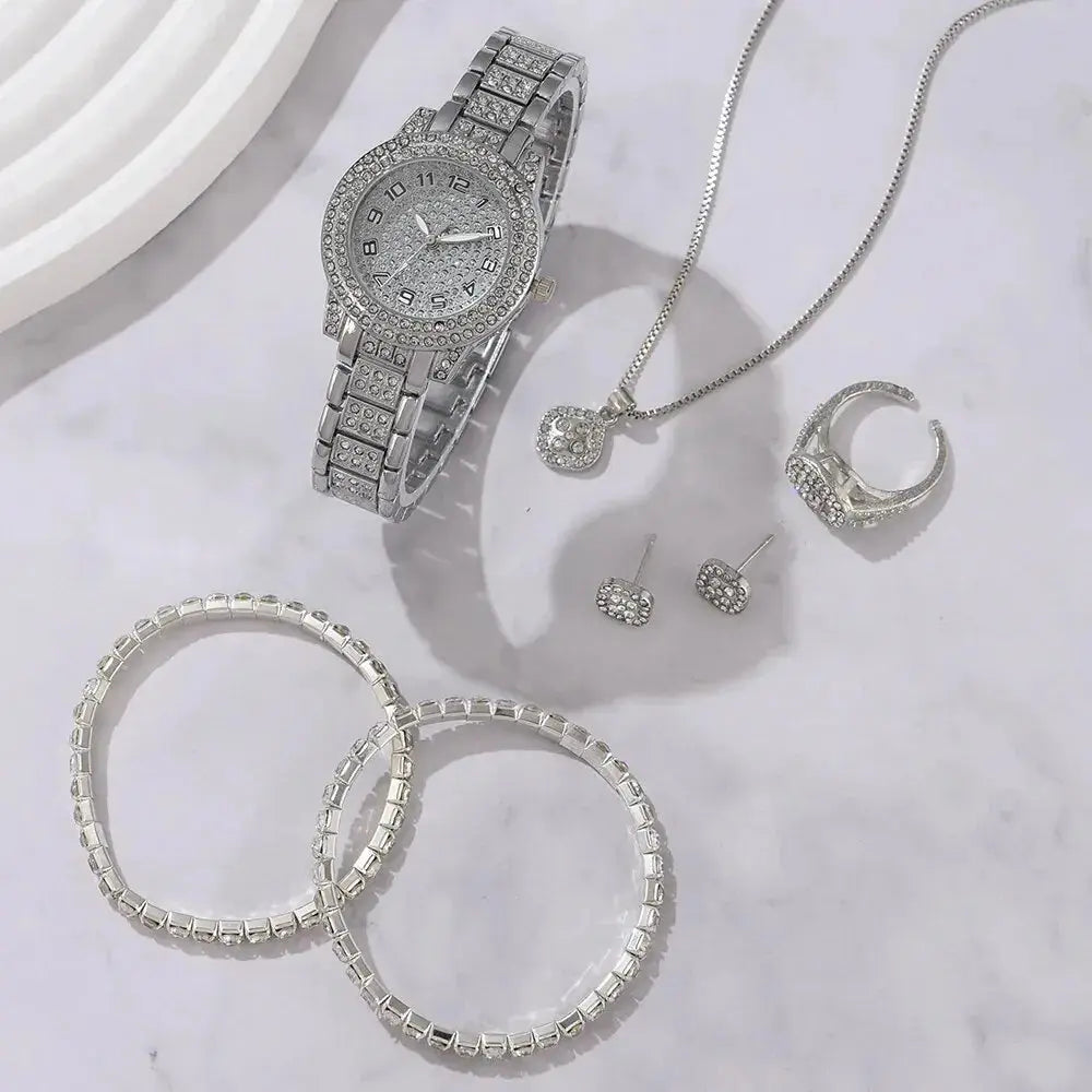 6PCS Women Watch Luxury Elegant Alloy Watch Crystal Wristwatch For Ladies Gift Quartz Watch Alloy Rhinestone Bracelet Montre NovaCart