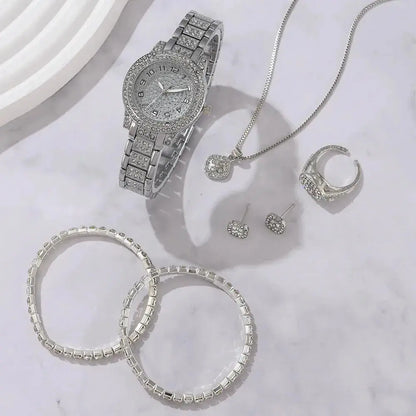 6PCS Women Watch Luxury Elegant Alloy Watch Crystal Wristwatch For Ladies Gift Quartz Watch Alloy Rhinestone Bracelet Montre NovaCart