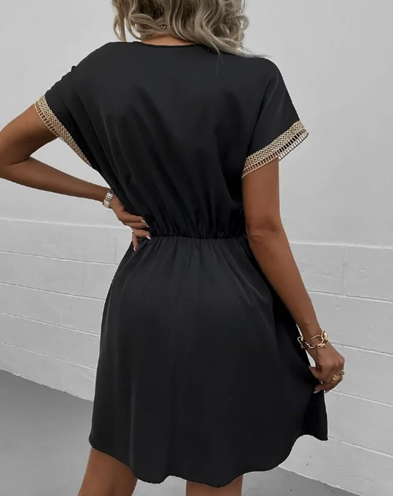 Short Sleeve V-neck Ruffle Waist Cross-border  Elastic Waist Dress
