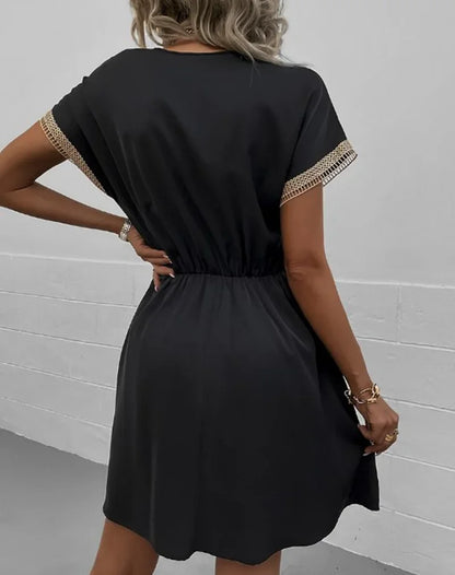 Short Sleeve V-neck Ruffle Waist Cross-border  Elastic Waist Dress