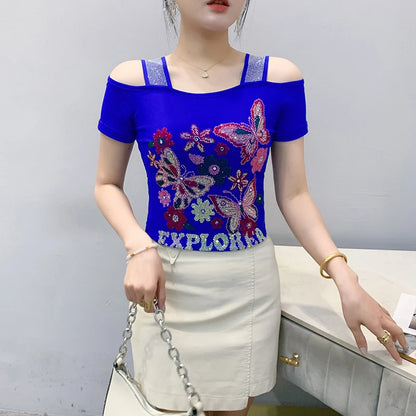 M-3XL Summer European Women's Clothes High Quality T-Shirt Luxury Hot Diamonds Design Slim Tees Sexy Girls Streetwear Tops NovaCart