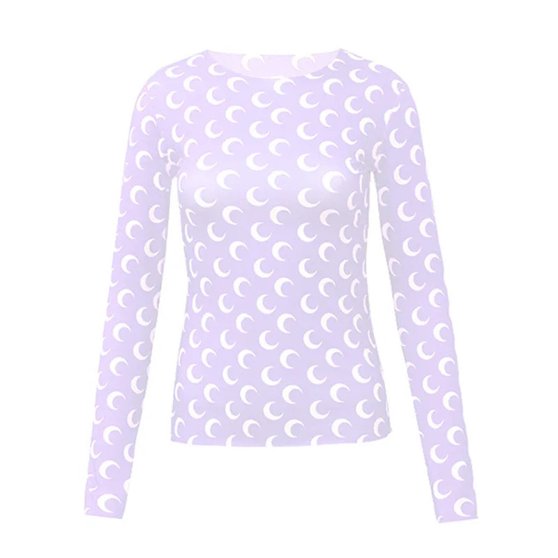 Woman Clothes Korean Moon Print Long Sleeve T-Shirt Fashion Casual Layered Sun Protection Top Ice Silk Basic Tee Spring Autumn NovaCart