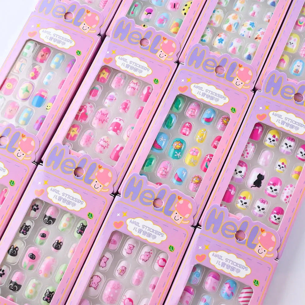 24Pcs/box Kids nails for Girl Cartoon Pattern False Nail Cute Child Fake Nails Tips Kawaii Acrylic Artificial Press on Nail+Tool NovaCart