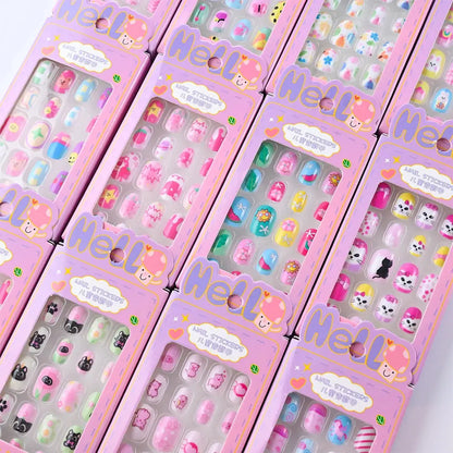 24Pcs/box Kids nails for Girl Cartoon Pattern False Nail Cute Child Fake Nails Tips Kawaii Acrylic Artificial Press on Nail+Tool NovaCart