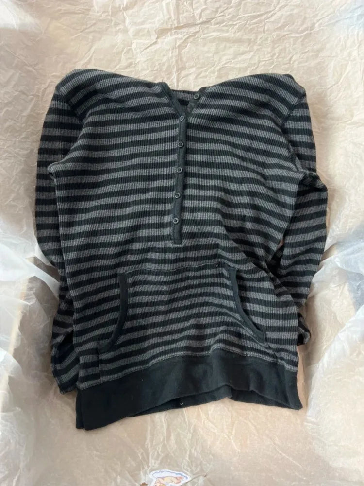 Gray Striped Waffle Hooded T-shirt Women Five  Button CottonSlim Long Sleeve Tee Shirt Casual Preppy Style Vintage Tshirt Y2k NovaCart