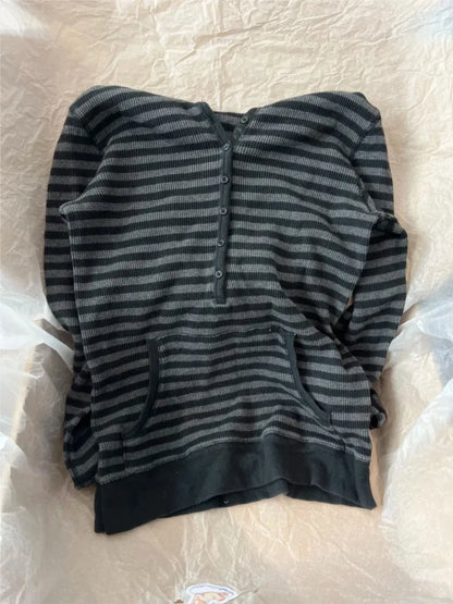 Gray Striped Waffle Hooded T-shirt Women Five  Button CottonSlim Long Sleeve Tee Shirt Casual Preppy Style Vintage Tshirt Y2k NovaCart