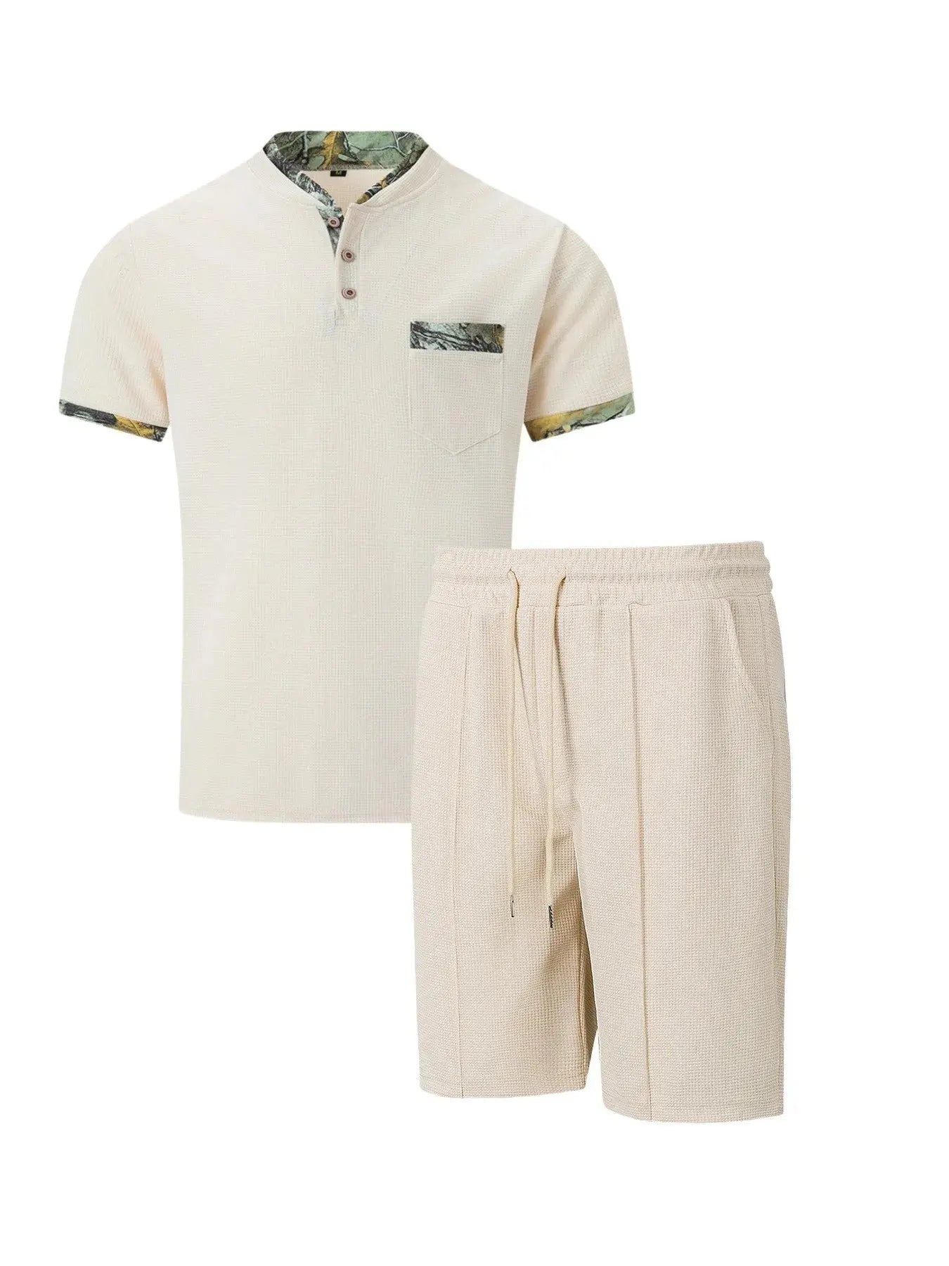 2025 Men Europe and the United States new summer Waffle solid color zip-up lapel short-sleeve suit shorts two sets NovaCart