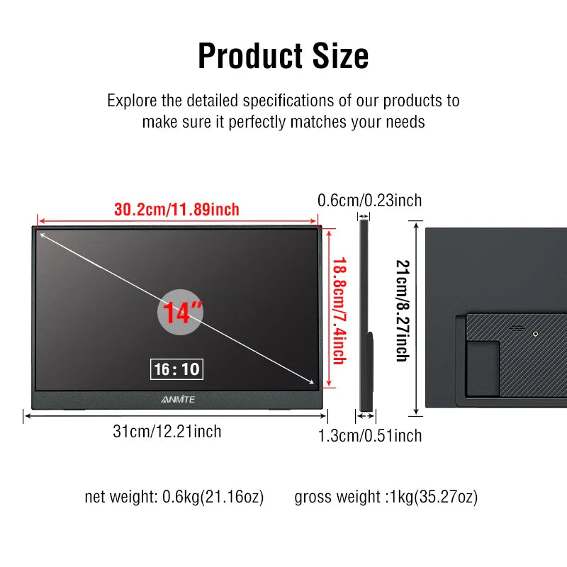 14 Inch Portable  Touch Monitor Non-touch optional 16:10 400cd/m2 Gaming Computer Expand Display For XBox PS4/5 Switch Loptop Pi-Mart