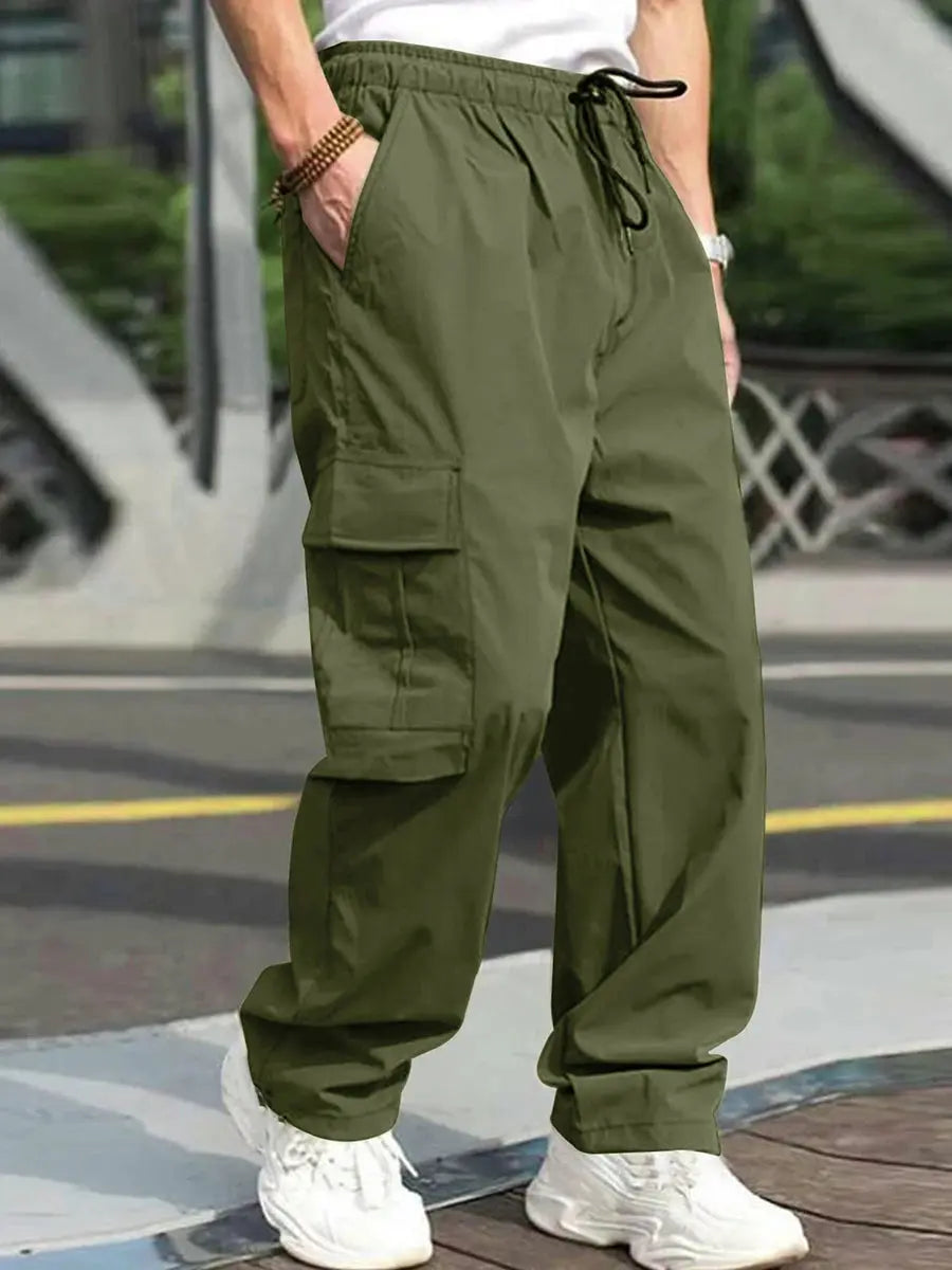 Men s Loose Cargo Long Pants Solid Color Drawstring Waist Straight Leg Trousers Casual Work Pants with Pockets NovaCart