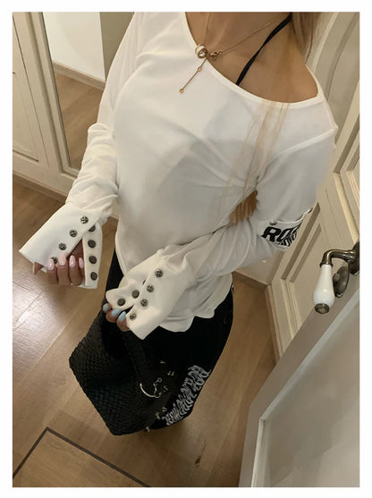 Tonngirls American Retro Print T-shirt Women Long Sleece Button Graphic Tops Y2k Tops 2000s Japanese Grunge Tops E-girls Autumn NovaCart