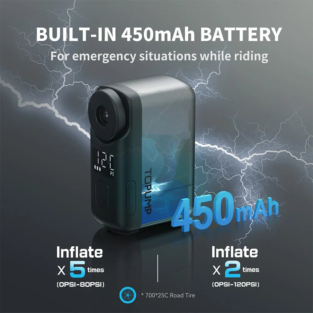 TOPUMP TB2 PRO Electric Mini Portable Pump for Bike Cordless Tire Inflator 120PSI Max 450mAh Battery with Display Fast Charging Pi-Mart