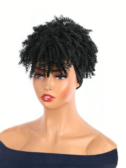 Headband Wigs for Synthetic Short Afro Kinky Curly Wigs Dark Brown Wig with Bangs Wrap Wigs 2 in 1 synthetic Wig Drawstring NovaCart