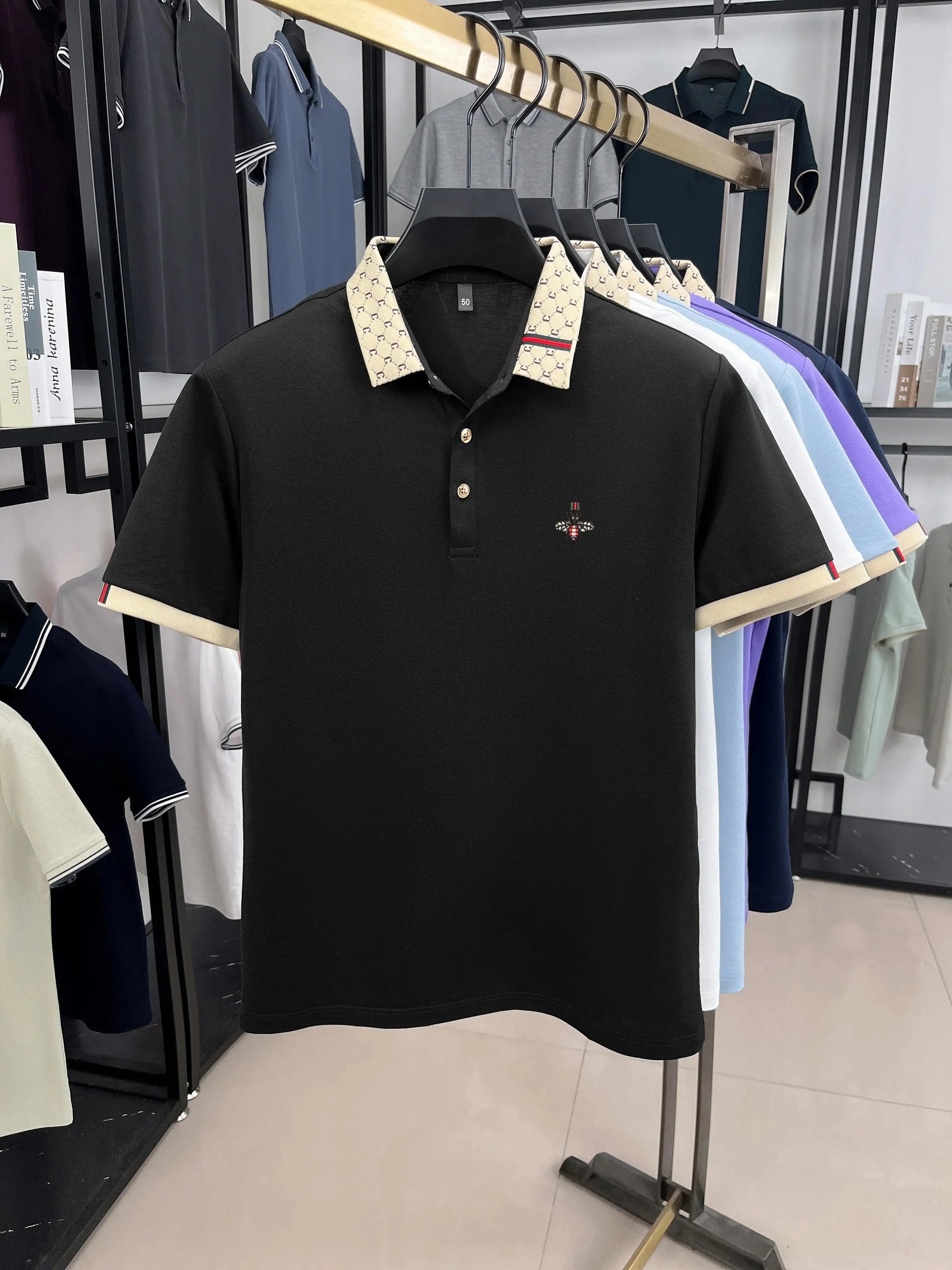 Personality letter jacquard lapel short sleeve T-shirt men high-end brand Little Bee embroidery fashion trend summer polo shirt NovaCart