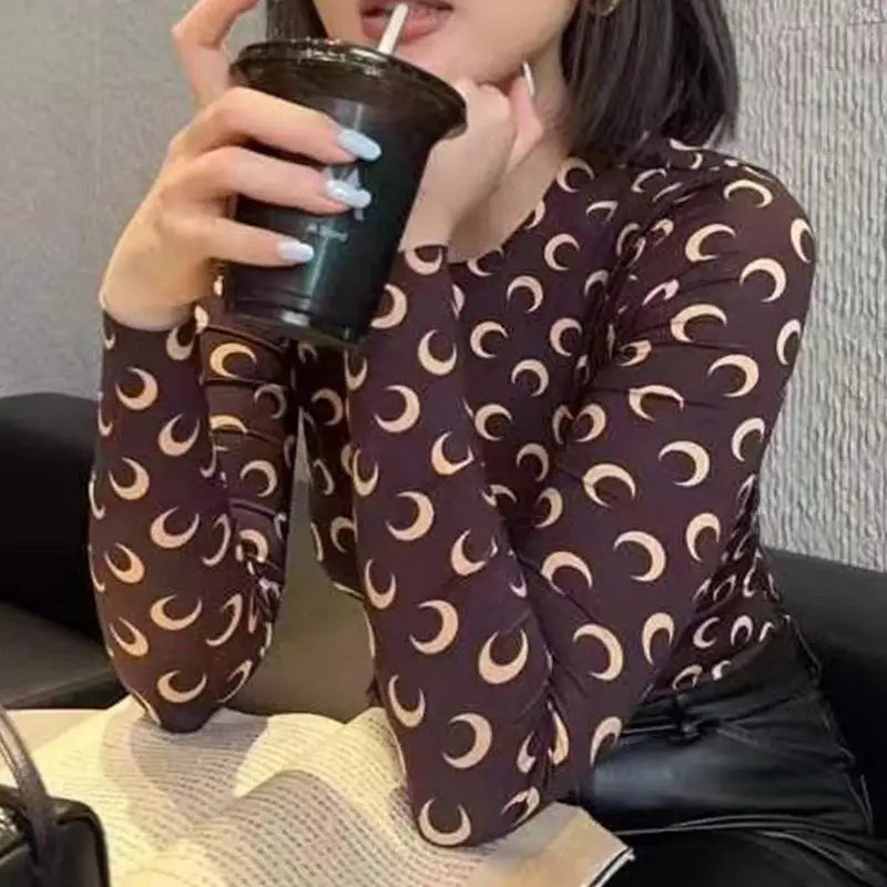 Woman Clothes Korean Moon Print Long Sleeve T-Shirt Fashion Casual Layered Sun Protection Top Ice Silk Basic Tee Spring Autumn NovaCart