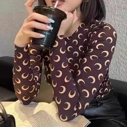 Woman Clothes Korean Moon Print Long Sleeve T-Shirt Fashion Casual Layered Sun Protection Top Ice Silk Basic Tee Spring Autumn NovaCart