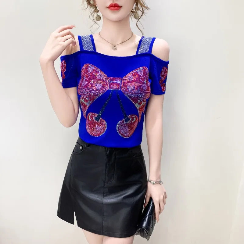 M-3XL Summer European Women's Clothes High Quality T-Shirt Luxury Hot Diamonds Design Slim Tees Sexy Girls Streetwear Tops NovaCart