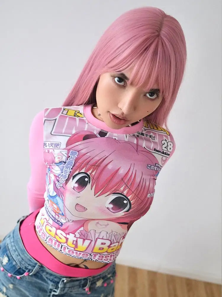 Deeptown Harajuku Kawaii Anime Graphic T Shirts Women Cutecore Cartoon Patchwork Tees Y2K Aesthetic Slim Crop Top Japanese 2000s NovaCart