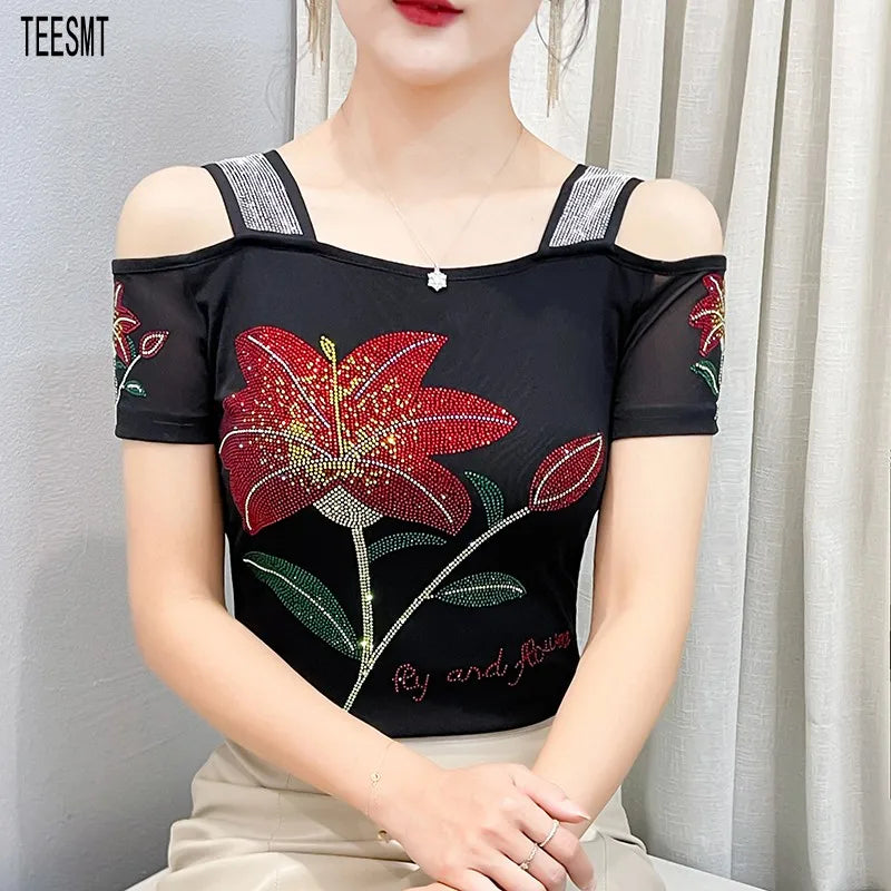 Women's Clothes New Design Sexy Off Shoulder Shiny Diamonds T-Shirts Luxury Brand Mesh Tees Tops Blouse Shirt NovaCart
