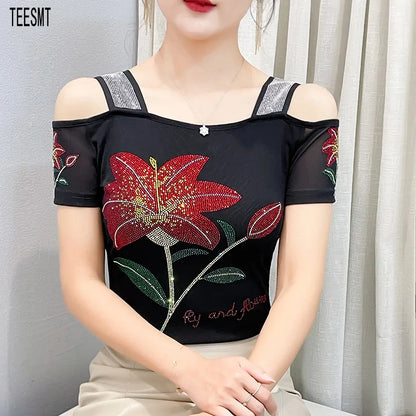 Women's Clothes New Design Sexy Off Shoulder Shiny Diamonds T-Shirts Luxury Brand Mesh Tees Tops Blouse Shirt NovaCart