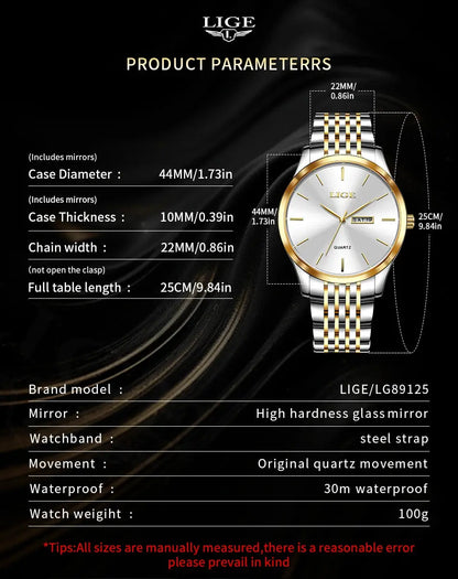 2025 LIGE Men Business Watches Top Brand Luxury Man Wristwatch Waterproof Luminous Date Week Quartz Men's Watch High Quality+Box NovaCart