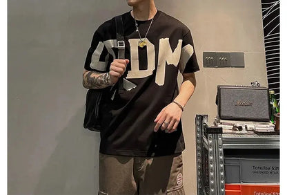 2023 Summer Casual All-match Trend Korean Fashion Short Sleeve Round Neck Solid Color Letter Printed Loose Fashion Youth T-shirt NovaCart