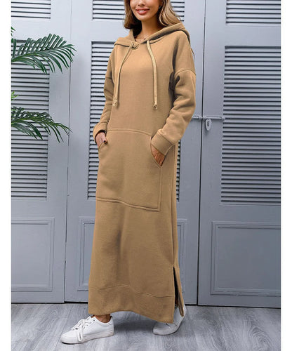 Hoodies Dress For Women Fashion 2025 Hem Lace-up Midi Robe Hooded Long Dress Autumn Winter Warm Casual Loose Sweatshirt Vestidos NovaCart
