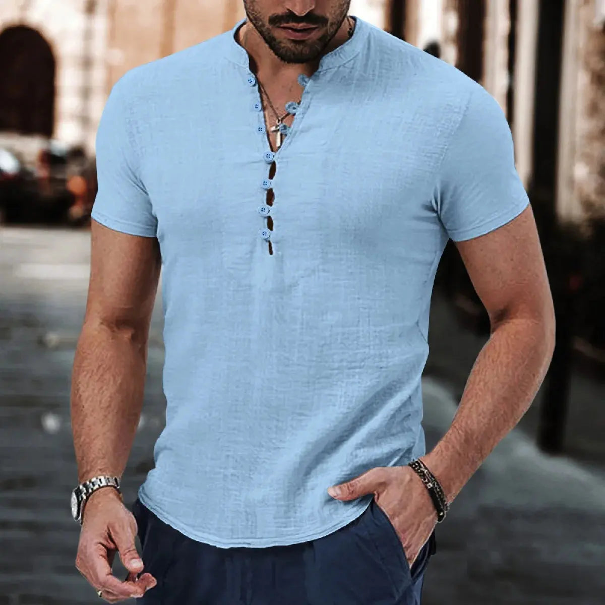 Summer new style men's solid-color retro casual short-sleeved shirt, comfortable and breathable men's short-sleeved top NovaCart