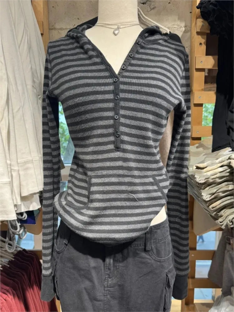 Gray Striped Waffle Hooded T-shirt Women Five  Button CottonSlim Long Sleeve Tee Shirt Casual Preppy Style Vintage Tshirt Y2k NovaCart