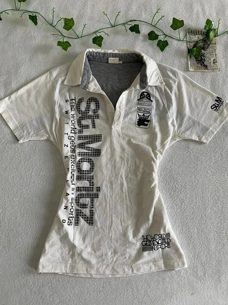 Y2K Japanese Streetwear Polo Shirt Women Slim Crop Tee 2025 White Short Sleeve Tops Letter Badge Houndstooth Vintage Harajuku NovaCart