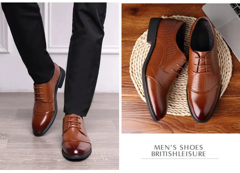 Flat / 6CM Genuine Leather Men Formal Elevator Shoes Wedding Business Height Increase Lift Shoes Invisible Summer Hollow Wedding NovaCart