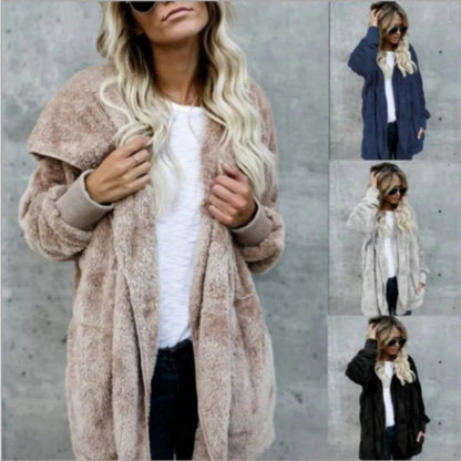 Double Fleece Plush Hooded Cardigan Jacket Women FitiqueFit