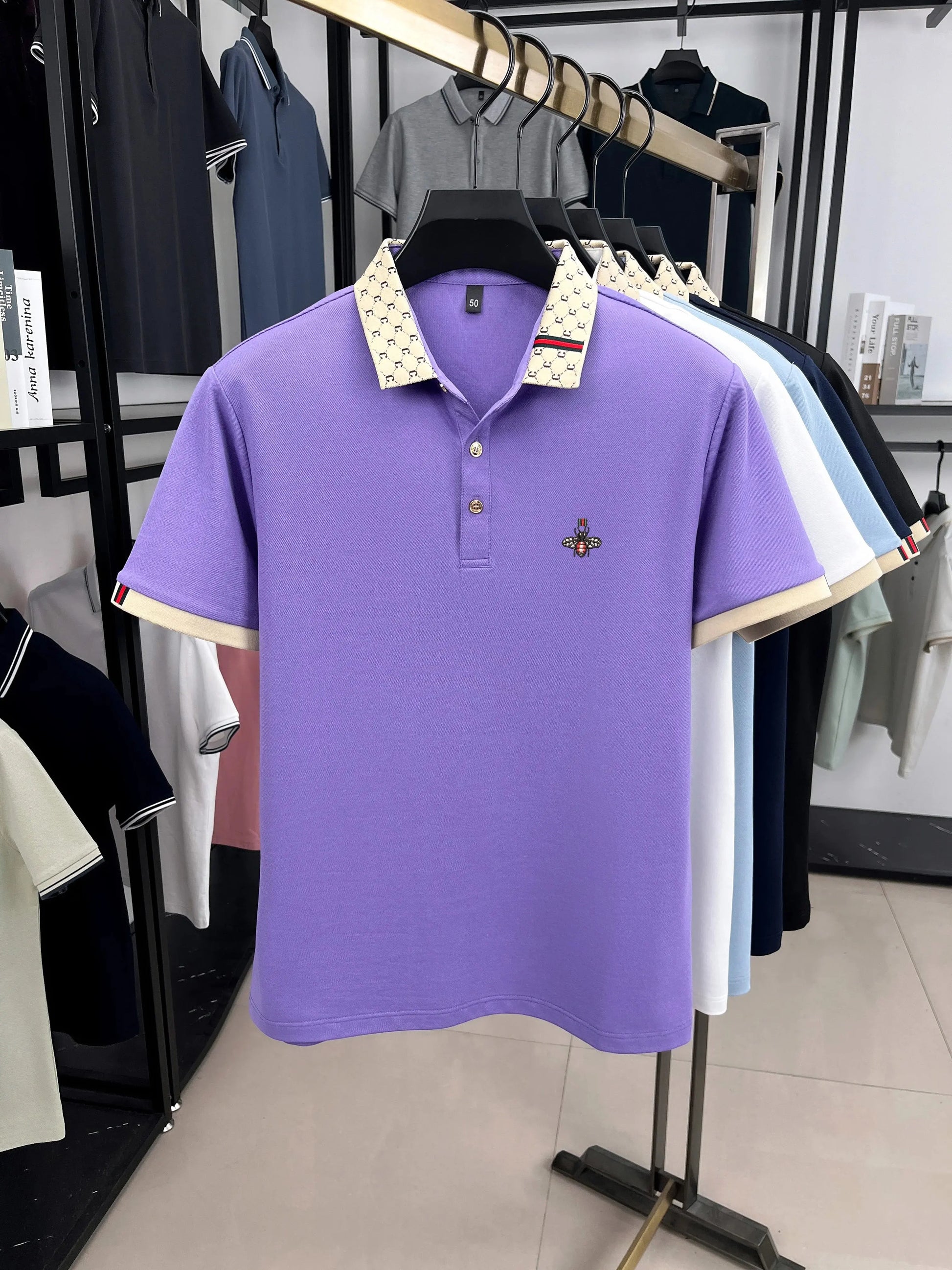 Personality letter jacquard lapel short sleeve T-shirt men high-end brand Little Bee embroidery fashion trend summer polo shirt NovaCart