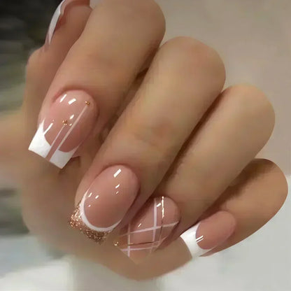 24Pcs Short Square Coffin False Nails Square Fake Nails with Glue French Glitter Wearable Acrylic Nails Set Press on Nail Tips NovaCart