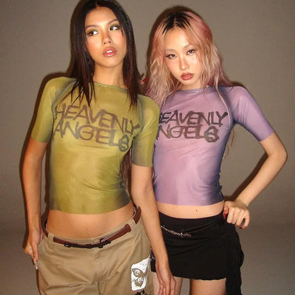 Y2K Letter Print Top See Through Graphic T Shirts For Women Clothing Short Sleeve Aesthetic Ropa De Mujer Skinny Sexy Streetwear NovaCart