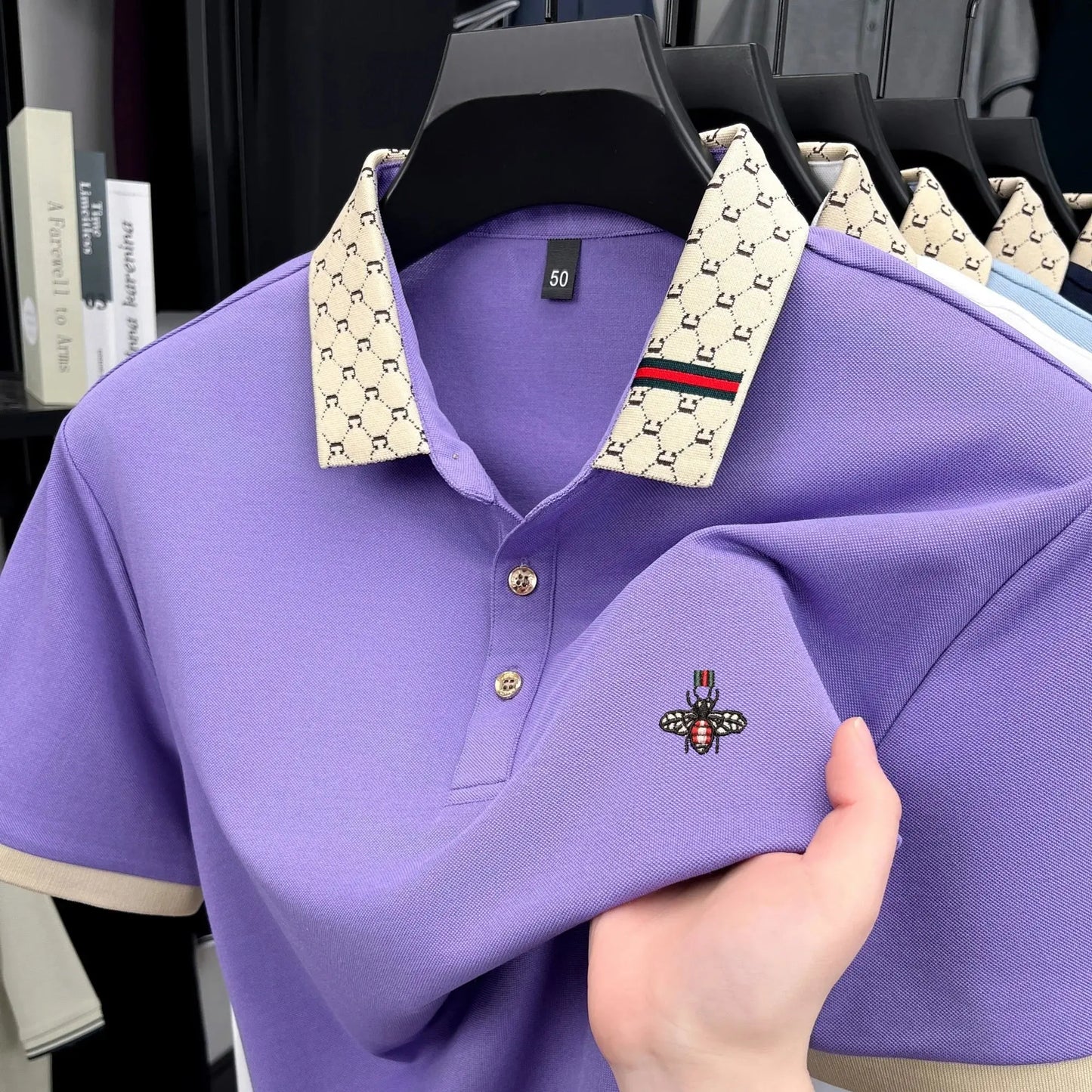 Personality letter jacquard lapel short sleeve T-shirt men high-end brand Little Bee embroidery fashion trend summer polo shirt NovaCart