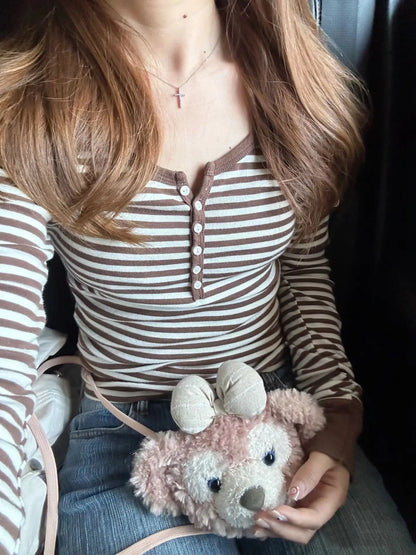 Six Buttons Ribbed Long Sleeve T-shirts Women Spring Round Neck Cotton Slim Tee Top Female Sweet Cute Pink Tshirt Y2k Tops New NovaCart