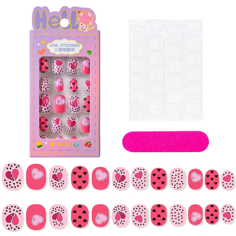 24Pcs/box Kids nails for Girl Cartoon Pattern False Nail Cute Child Fake Nails Tips Kawaii Acrylic Artificial Press on Nail+Tool NovaCart