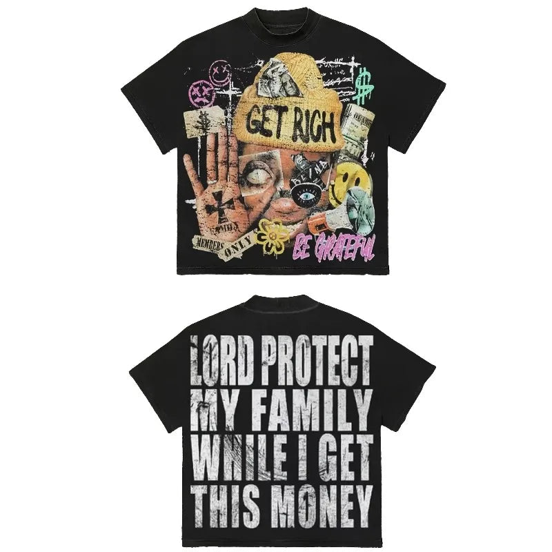 Men's Y2K pattern T-shirt "Get Rich and God Bless Your Family" slogan street style short-sleeved shirt bold money summer top NovaCart