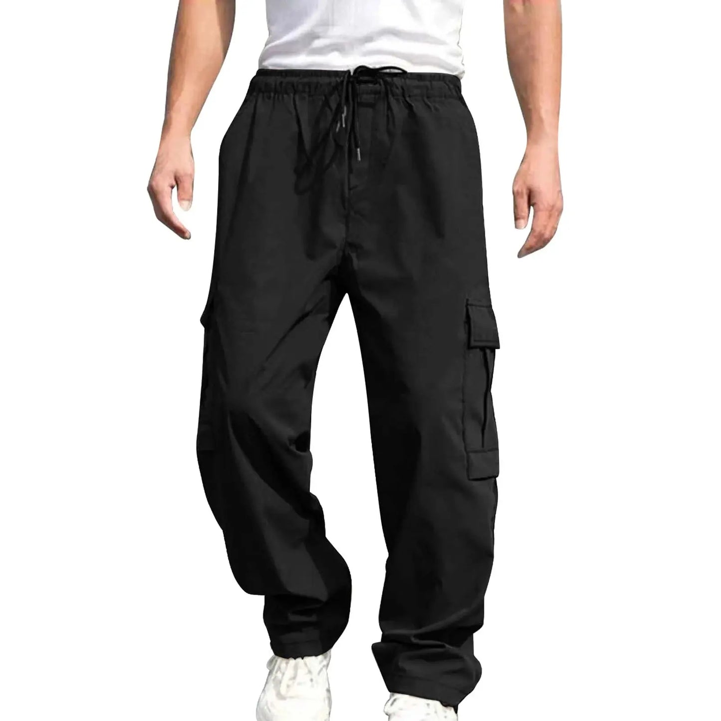 Men s Loose Cargo Long Pants Solid Color Drawstring Waist Straight Leg Trousers Casual Work Pants with Pockets NovaCart