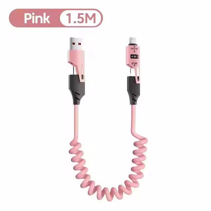 4 in 1 65W Spring Short Data Cable 6A USB Type C Spring Telescopic Quick Charger Wire Spring USB Cable for iPhone 16 15 14 13 Pi-Mart