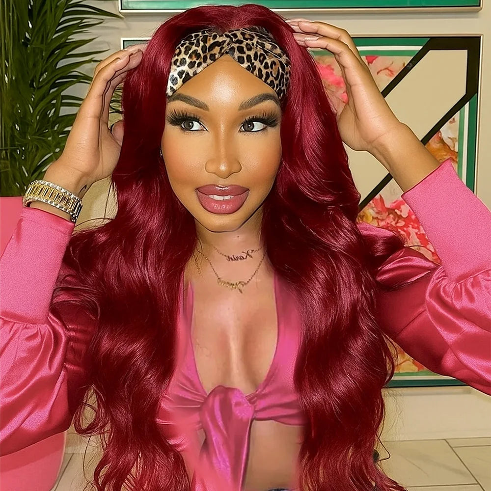 #99J Burgundy Body Wave Headband Glueless Wigs Machine Made Remy Human Hair Wig Brazilian 30 Inch 350 Ginger Human Hair Wigs