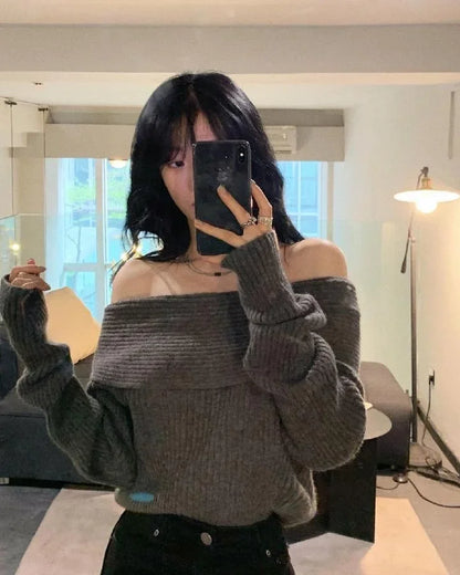 New Arriva Sexy Off-Shoulder Knit Thickened Soft Sweater Women