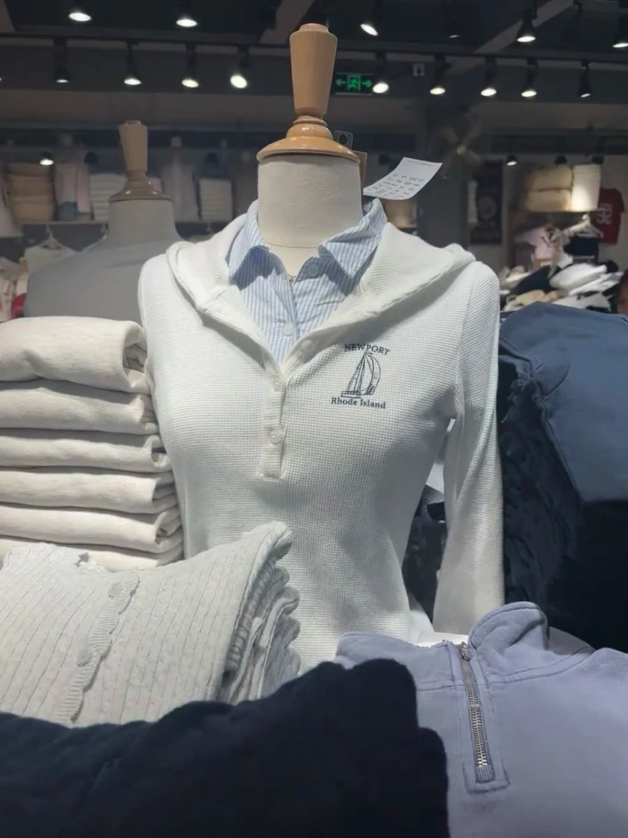 Gray Striped Waffle Hooded T-shirt Women Five  Button CottonSlim Long Sleeve Tee Shirt Casual Preppy Style Vintage Tshirt Y2k NovaCart