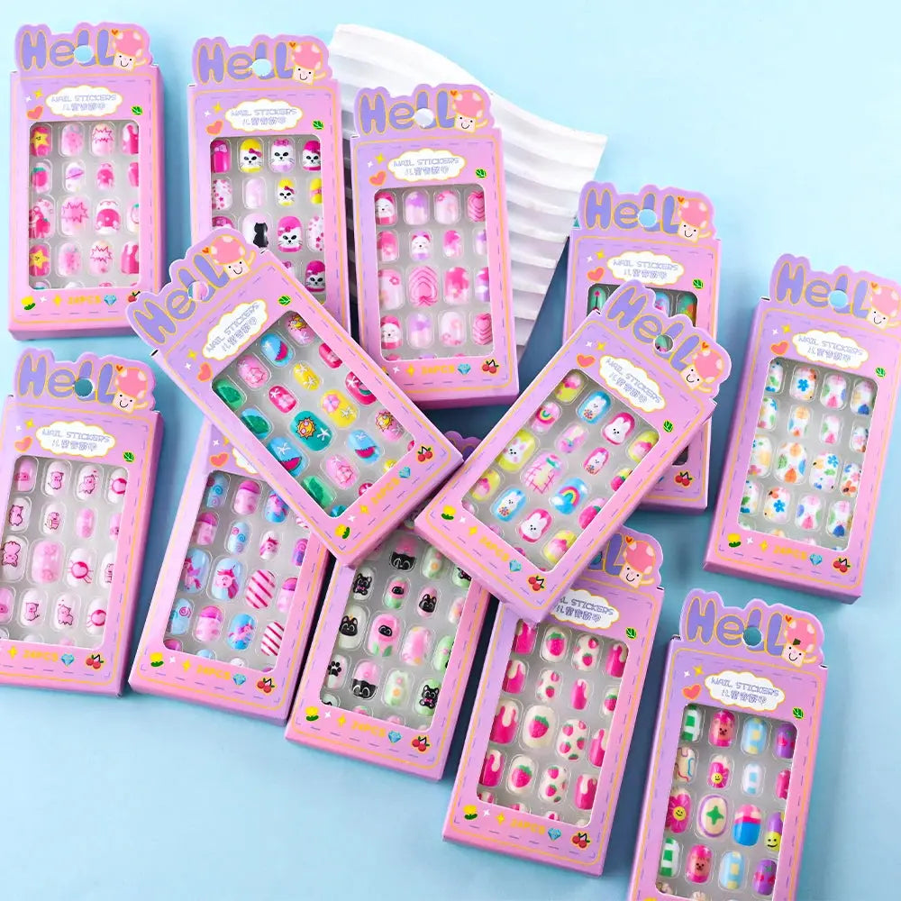 24Pcs/box Kids nails for Girl Cartoon Pattern False Nail Cute Child Fake Nails Tips Kawaii Acrylic Artificial Press on Nail+Tool NovaCart