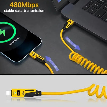 4 in 1 65W Spring Short Data Cable 6A USB Type C Spring Telescopic Quick Charger Wire Spring USB Cable for iPhone 15 14 13 12 Pi-Mart